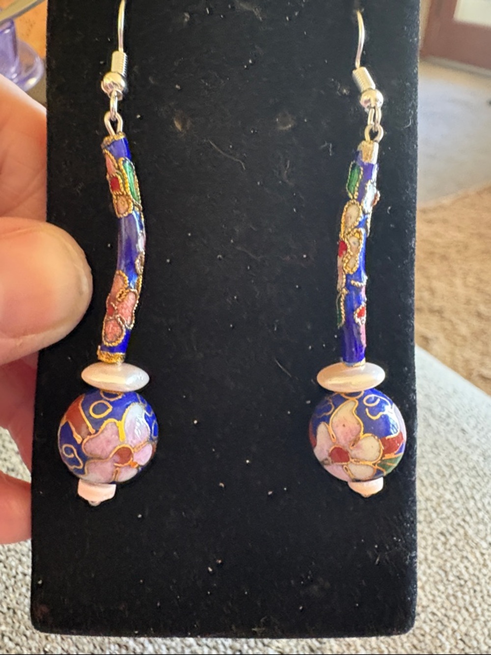 Hand Crafted Blue and Pink Cloisonné Floral Drop Earrings